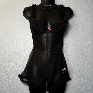 Y2K Vintage Black & Pink Ruffled Sheer bows Push-up Chemise Babydoll Teddy slip
